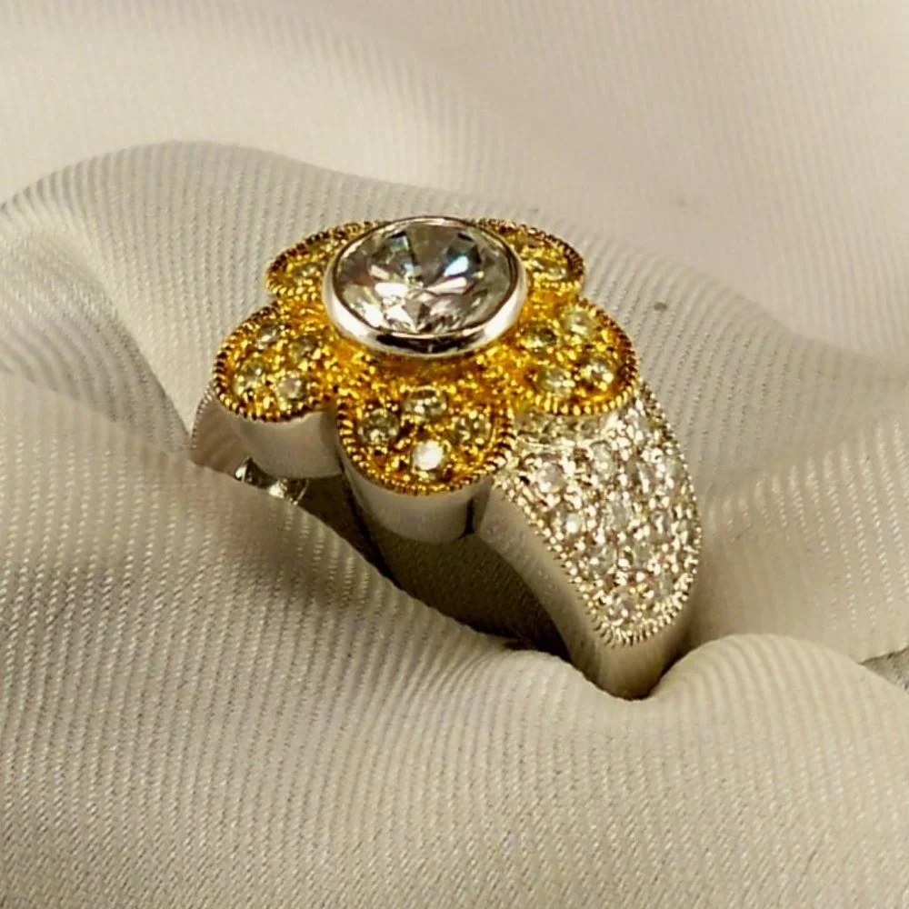 NEW Vintage Charles Winston Flower Yellow Cubic Zirconias Gold Silver Ring